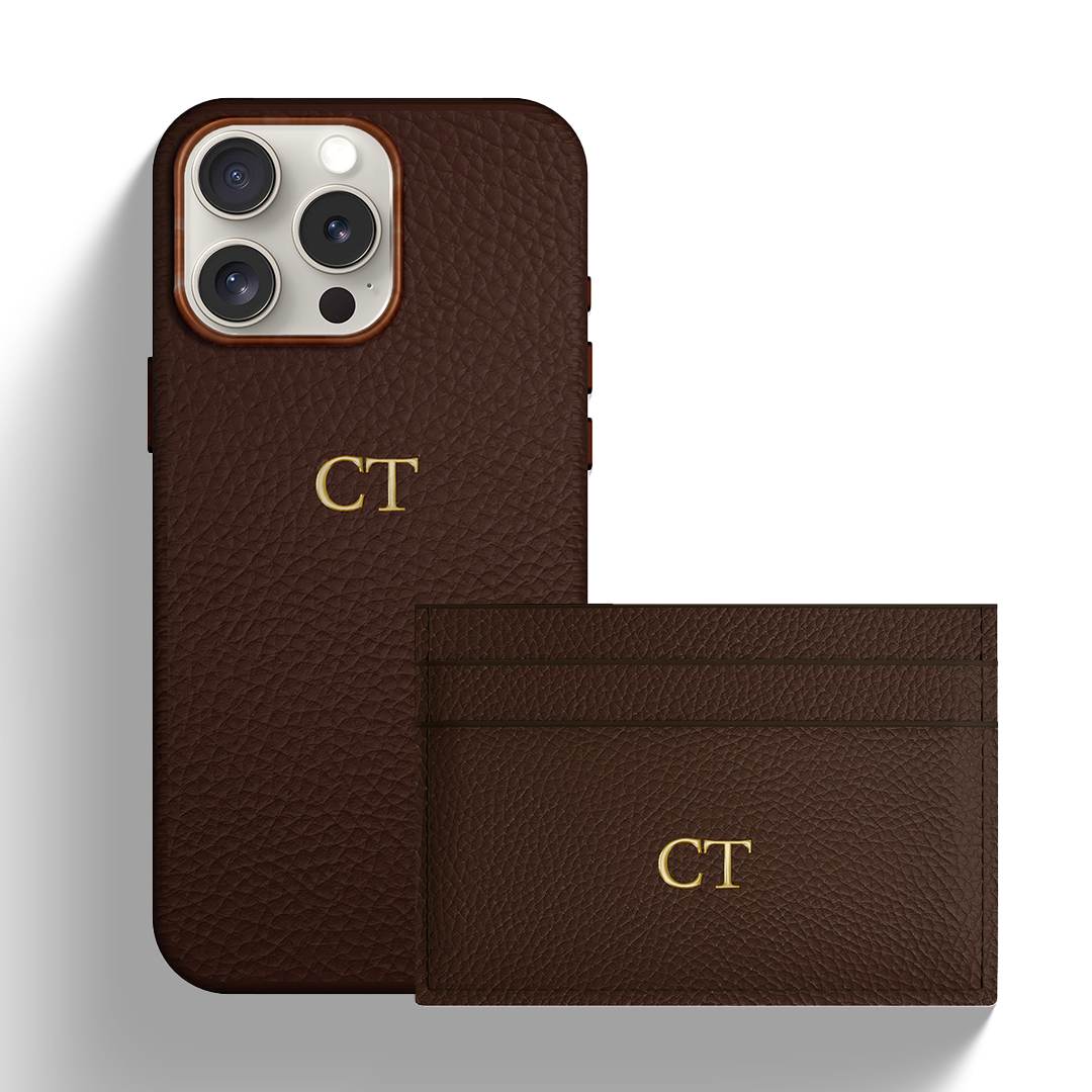 Brown Genuine Pebble Leather Gift Set | Phone Case & Card Holder