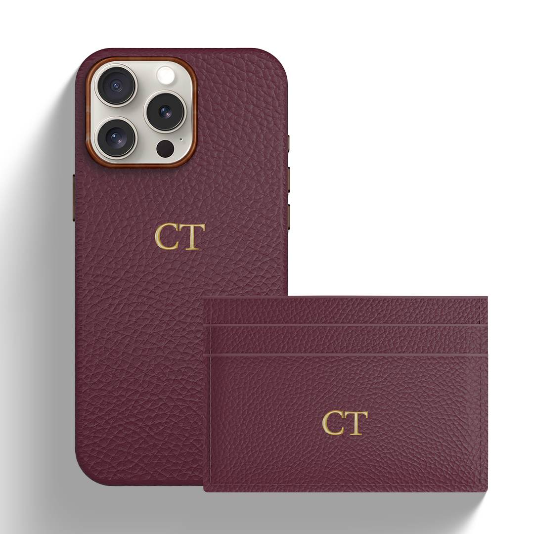 Burgundy Genuine Pebble Leather Gift Set | Phone Case & Card Holder