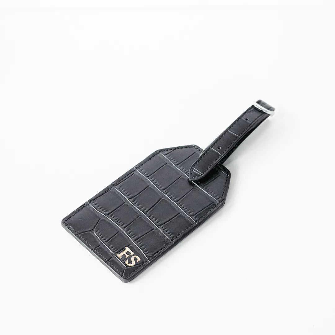 Black croc leather luggage tag customisable with initials perfect for stylish and secure travel