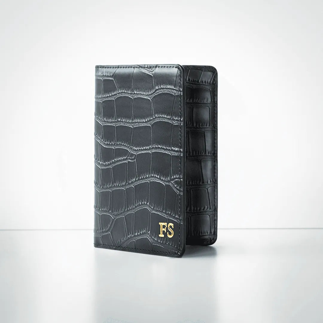 Black croc leather foldable passport holder personalised with initials perfect for travel and gifting