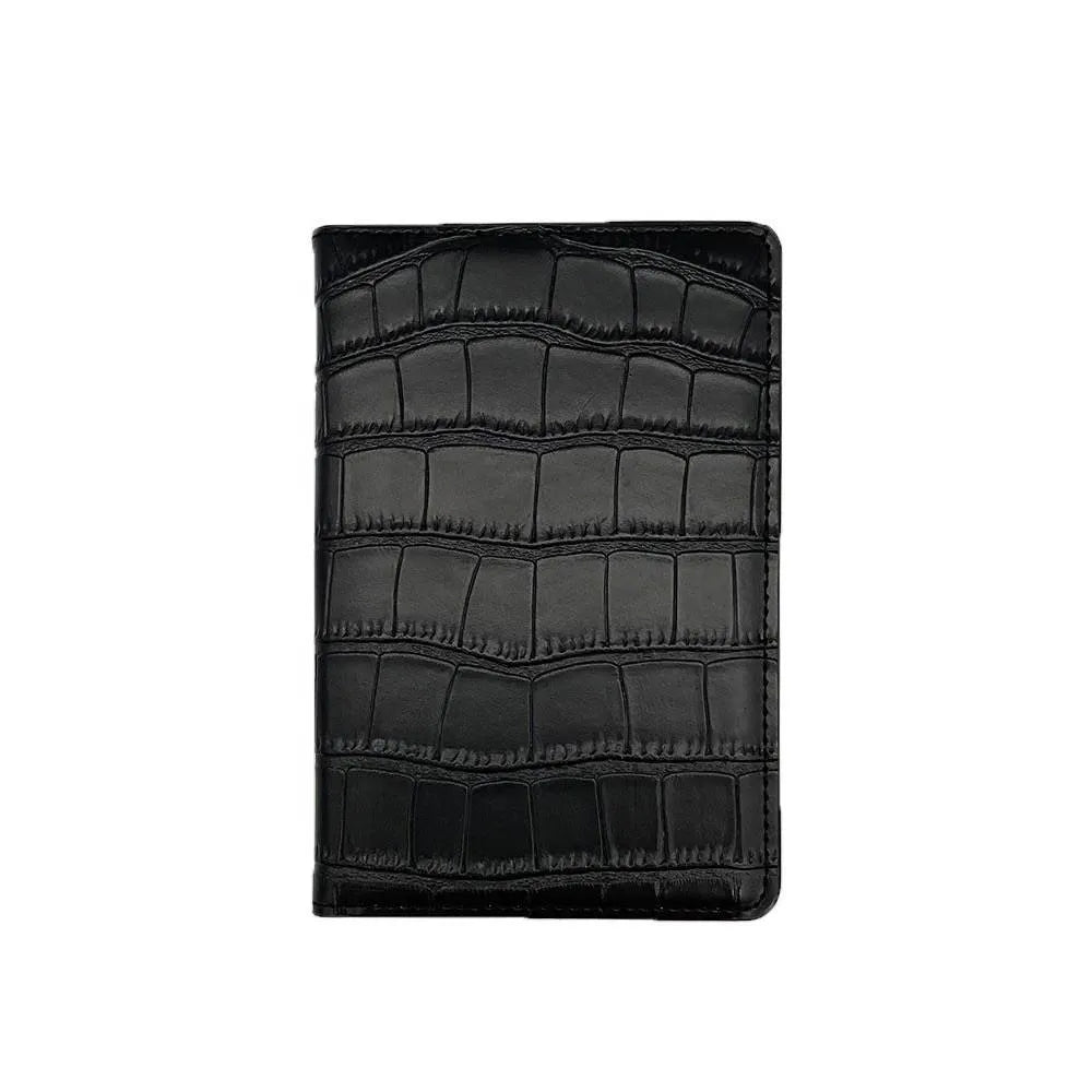 Black croc leather passport holder front view showcasing its sleek design and premium craftsmanship