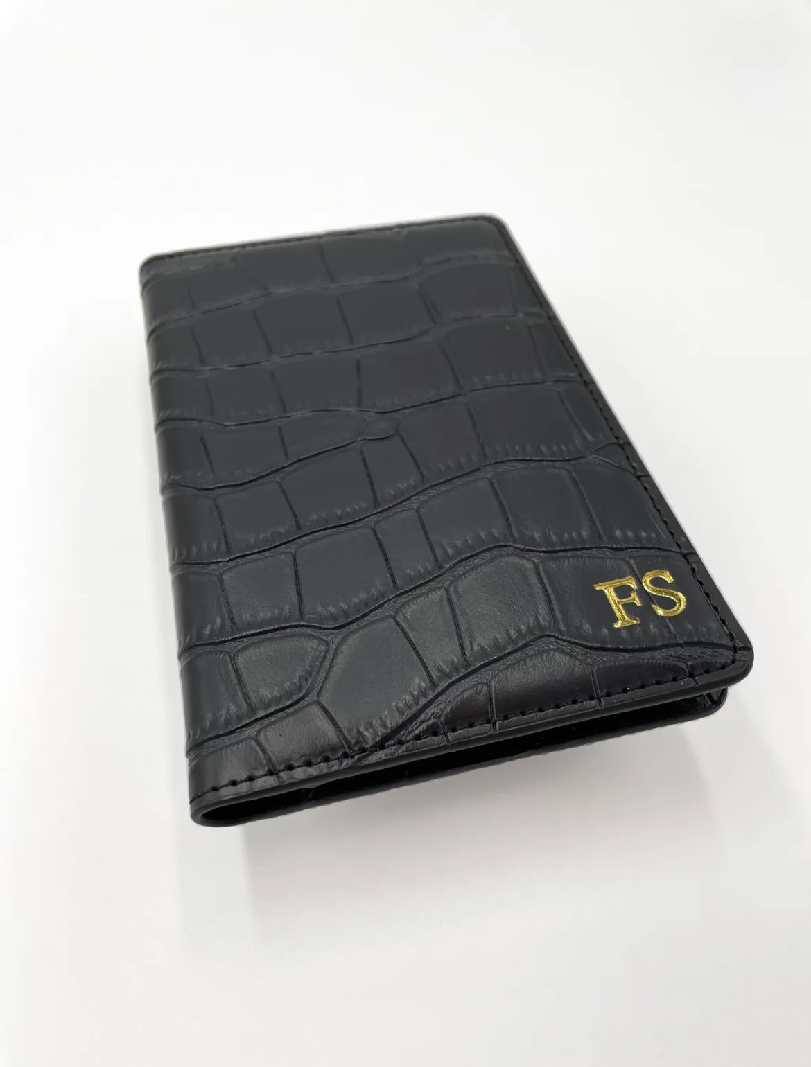 Black croc leather passport holder personalised with initials perfect for stylish and secure travel