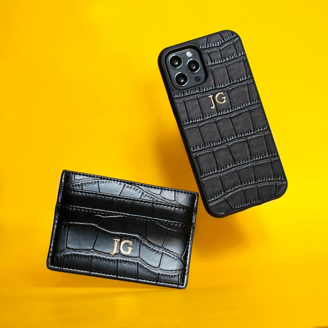 Black Croc Leather Gift Set | Phone Case & Card Holder