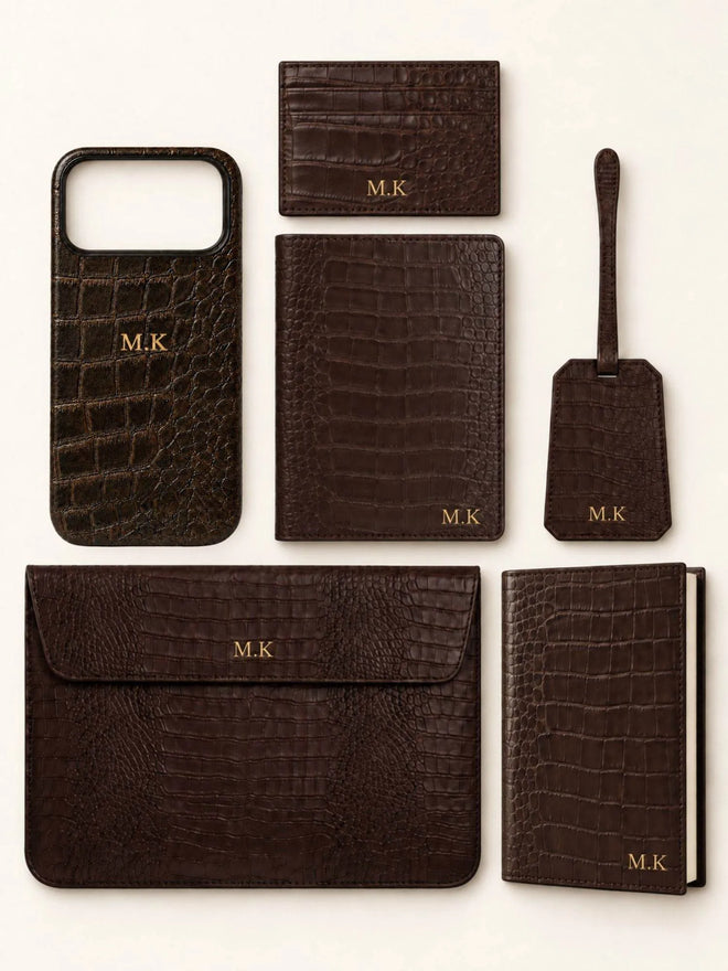 Brown Croc Leather Personalized Gift Set