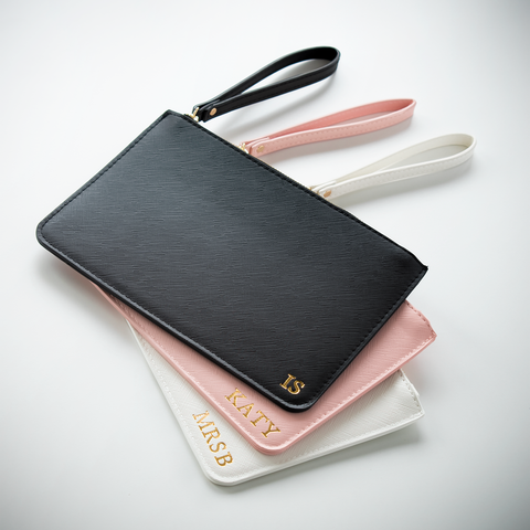 Personalised Leather Clutch Bag | Bridesmaid Wedding Gift | Pink, White, Grey & Black