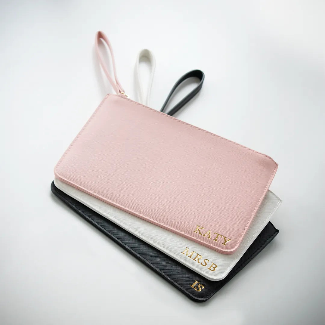 Personalised Leather Clutch Bag | Bridesmaid Wedding Gift | Pink, White, Grey & Black